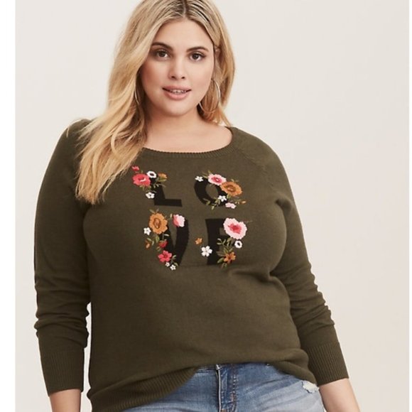 torrid Sweaters - Torrid Olive Green LOVE Floral Crew Neck Sweater